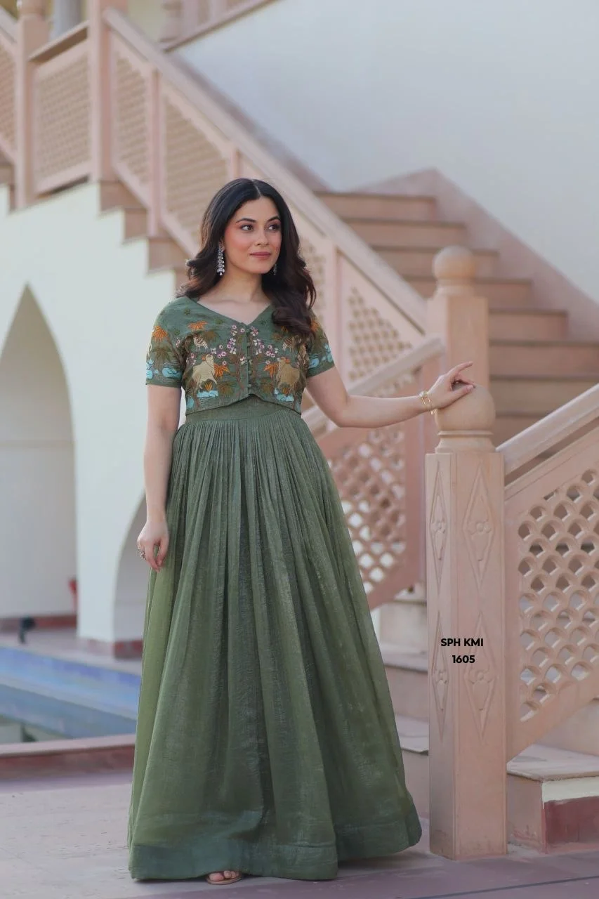 Olive Green Designer Koti Cotton Gown